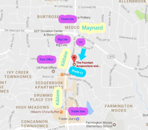 Cary location map depicting The Fountain Acupuncture